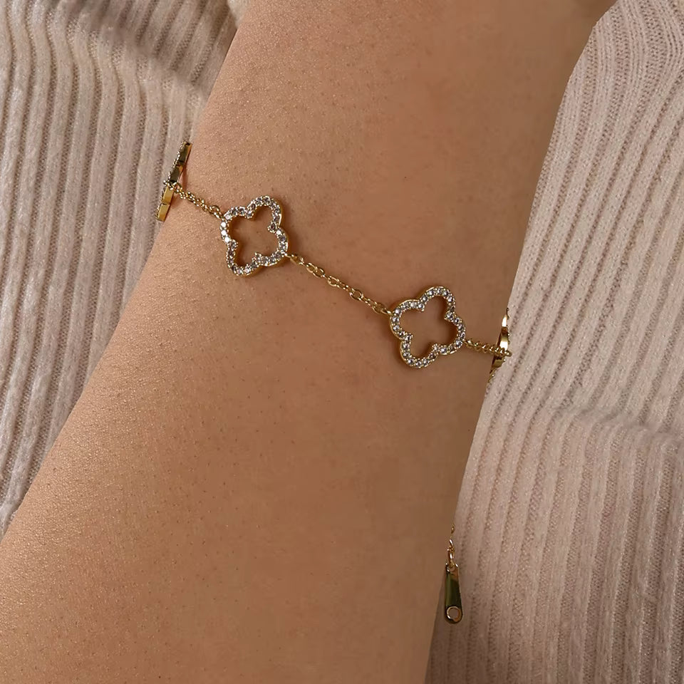 Kleeblatt Kettenarmband Gold Zirkonia Detail
