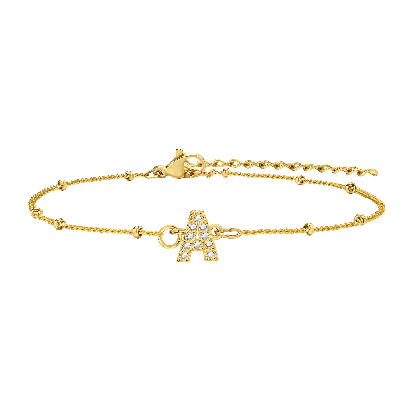 Goldenes Initial Armband mit Buchstabe A aus Edelstahl und funkelnden Zirkonia‑Steinen